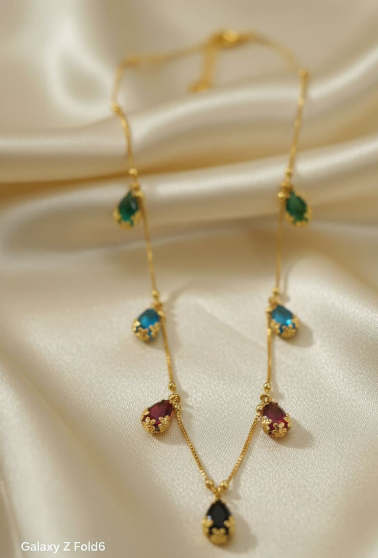 Elegant Multicolor Teardrop Stone Gold-Plated Chain