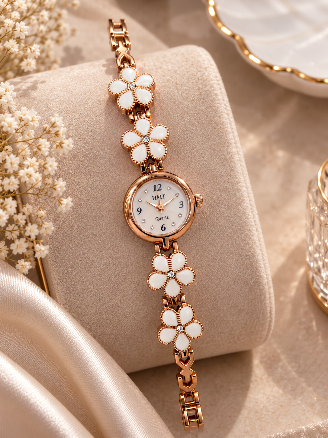 Rose Gold White Floral Ceramic Anti-tarnish hmt Bracelet Watch for Women
