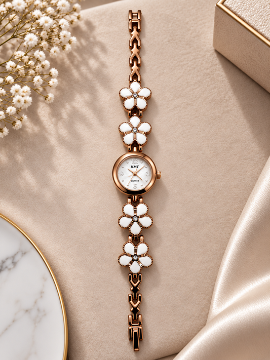 Copper-gold tone Floral Ceramic Anti-tarnish hmt Bracelet Watch for Women