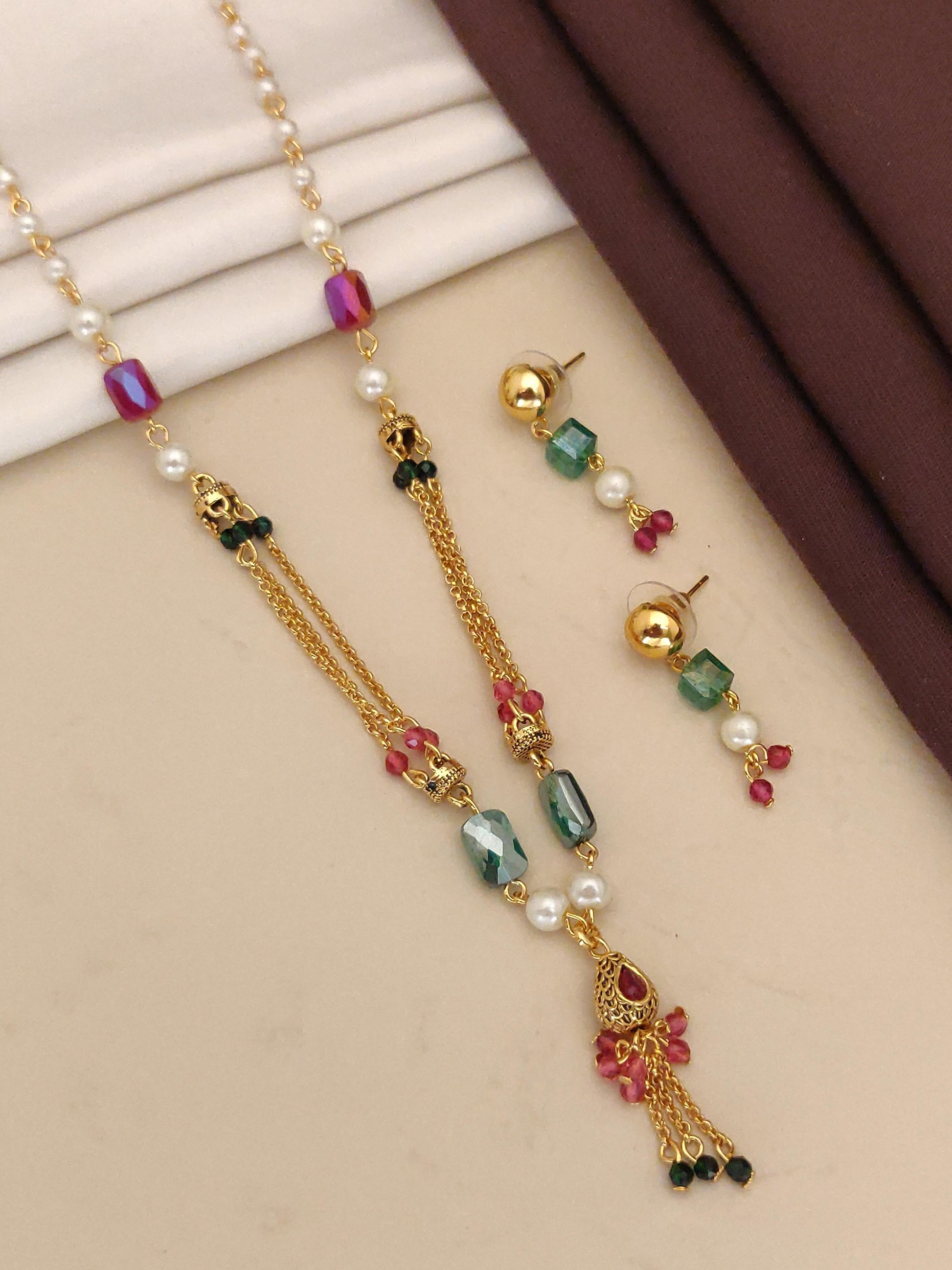 Designer High Gold Plated And Diamond Studded Fancy Crystal Pearl Mala with Earring