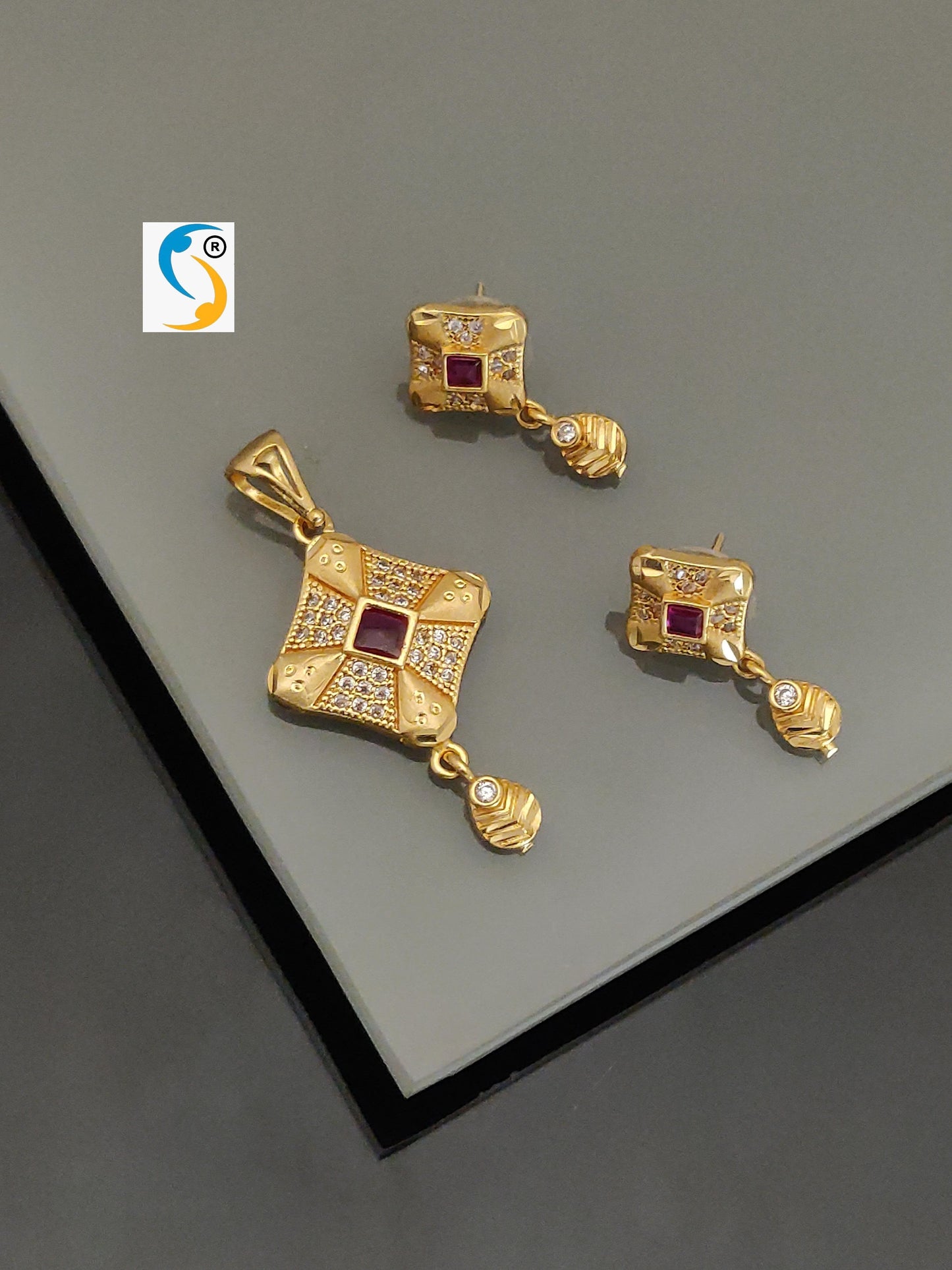 Gold Plated And Diamond Studded Square Pendant with Earrings & Adjustable Ring For Women