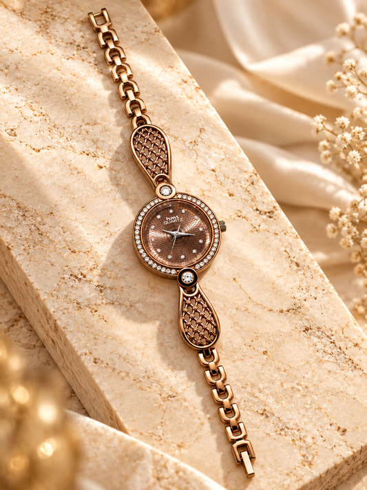 Elegant Brown Analog Dial Wristwatch with Textured Leaf Accents