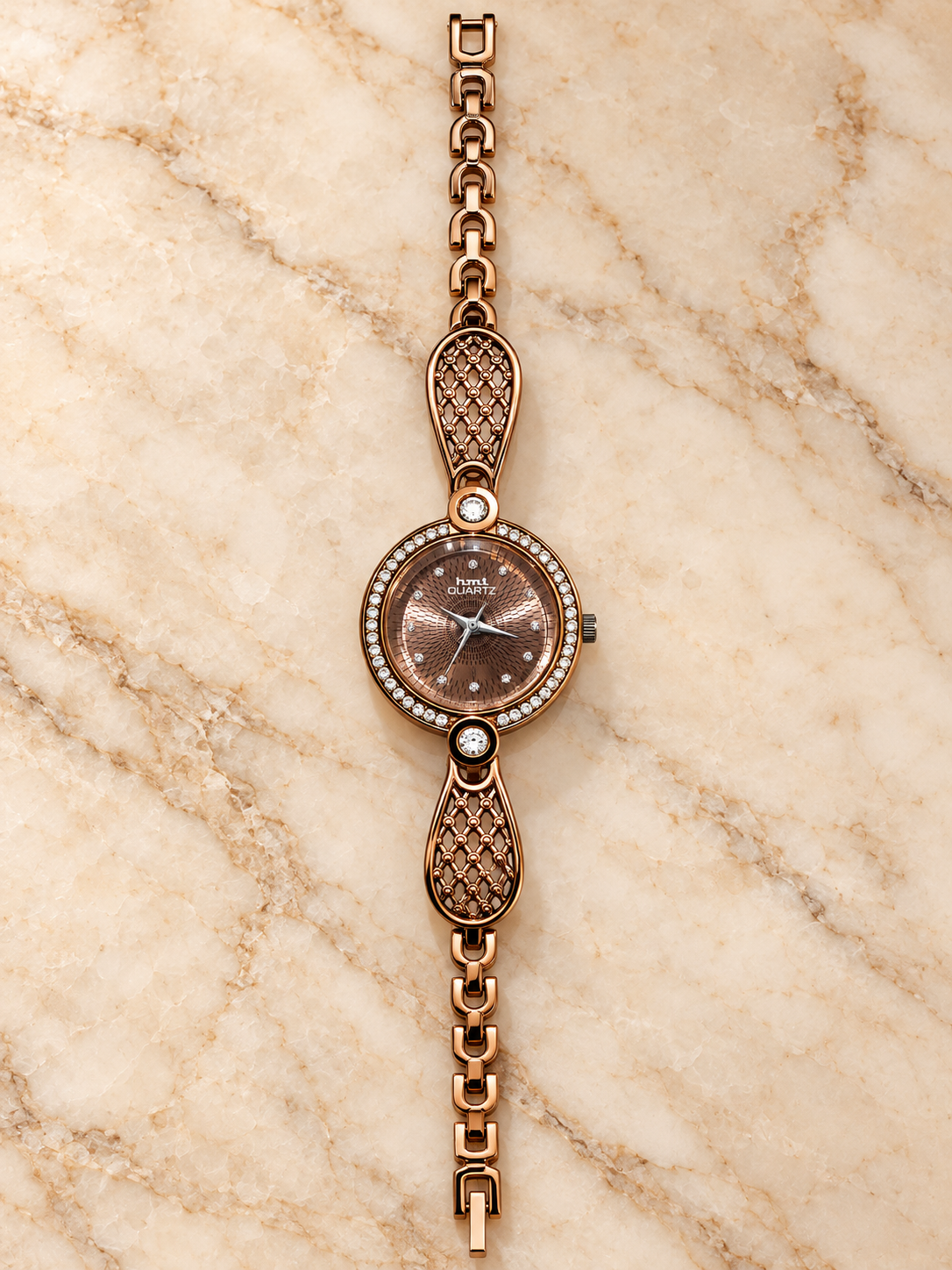 Elegant Brown Analog Dial Wristwatch with Textured Leaf Accents