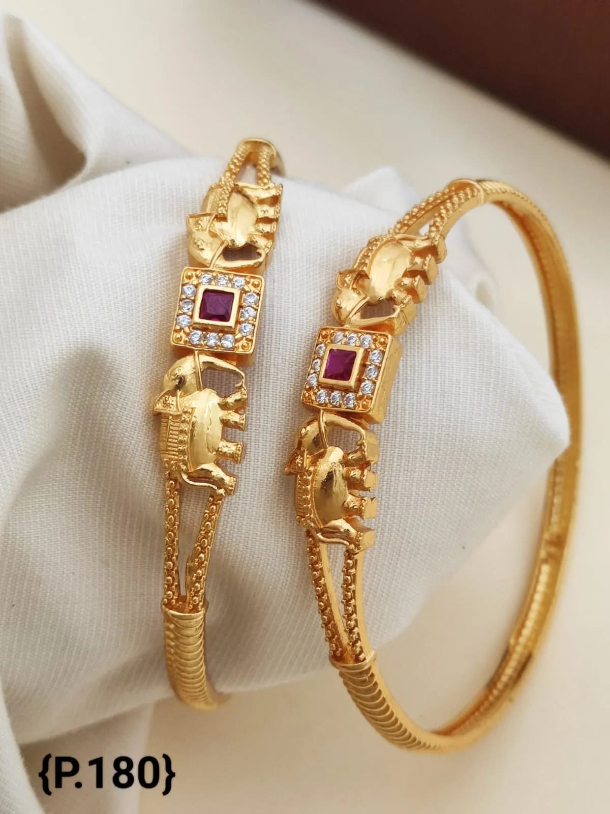 Square Pink Ruby & And Diamond Studded Micro Gold Plated Elephant Designer Bangle Set Of 2 Pcs