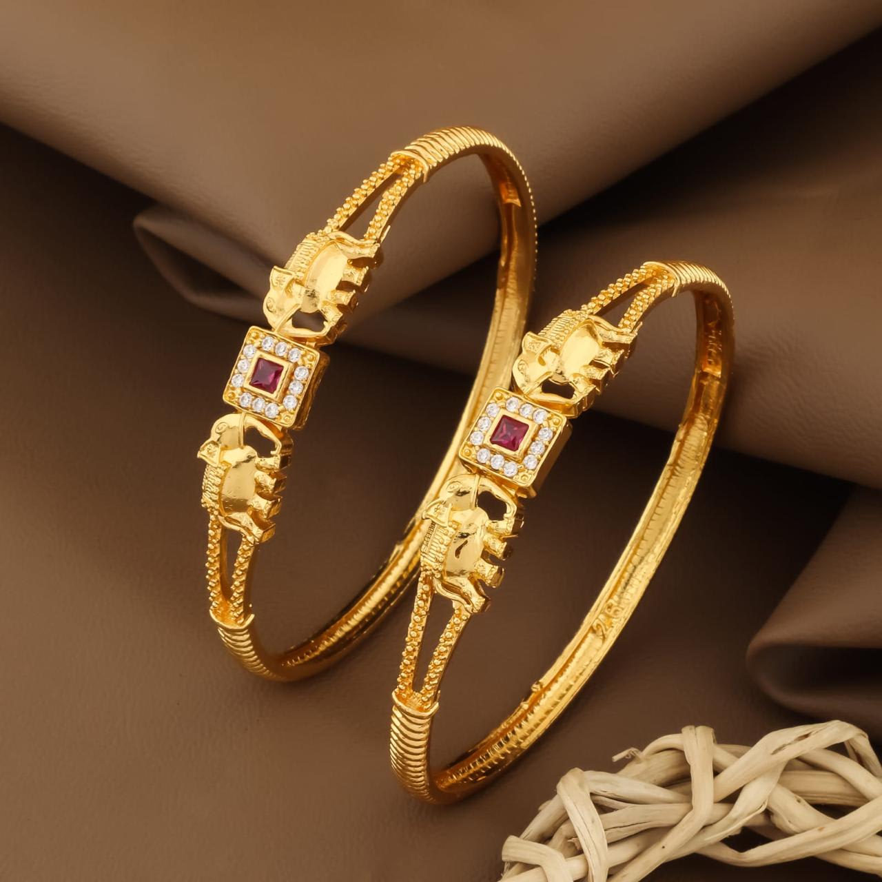 Square Pink Ruby & And Diamond Studded Micro Gold Plated Elephant Designer Bangle Set Of 2 Pcs