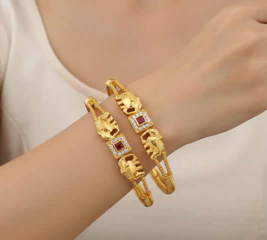 Square Pink Ruby & And Diamond Studded Micro Gold Plated Elephant Designer Bangle Set Of 2 Pcs