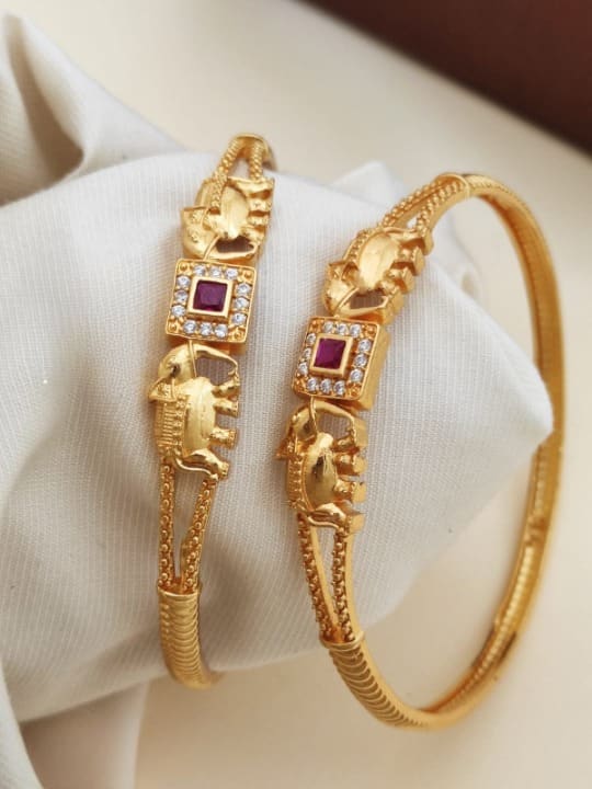 Square Pink Ruby & And Diamond Studded Micro Gold Plated Elephant Designer Bangle Set Of 2 Pcs