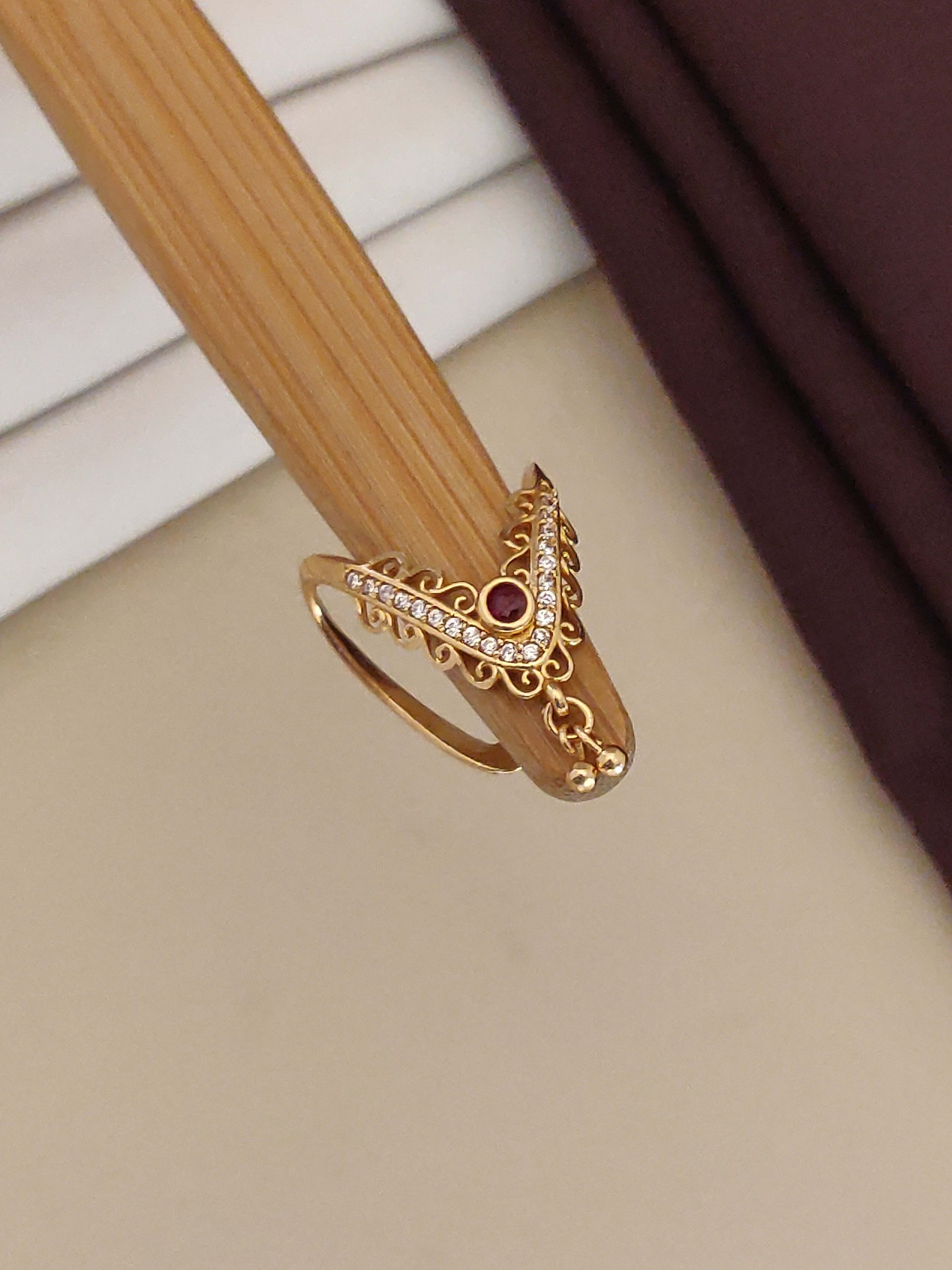 Gold Plated And Diamond Studded Adjustable Ruby Ring