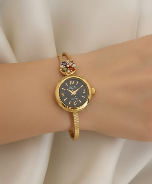 Gold Plated And Dimaond Studed Fancy Adjustable Black Watch