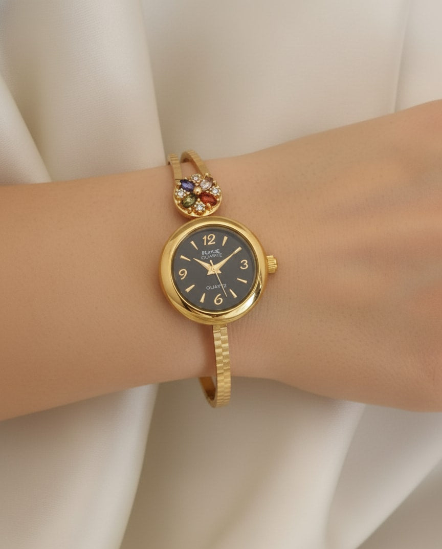 Gold Plated And Dimaond Studed Fancy Adjustable Black Watch