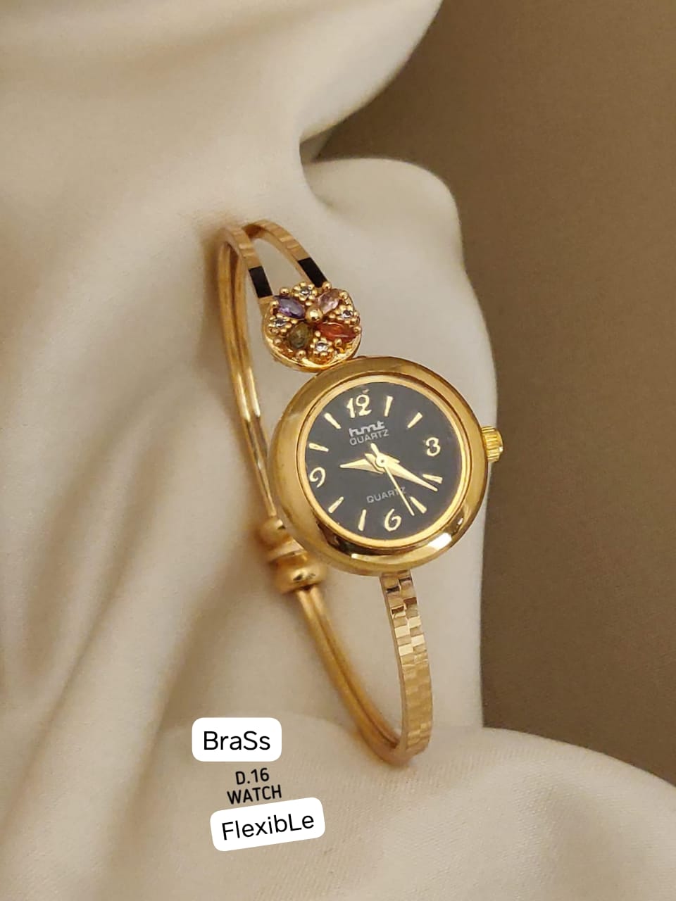 Gold Plated And Dimaond Studed Fancy Adjustable Black Watch