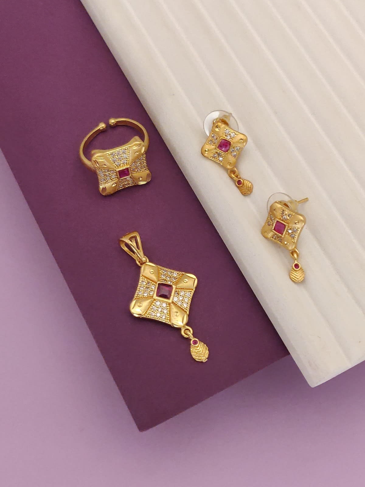 Gold Plated And Diamond Studded Square Pendant with Earrings & Adjustable Ring For Women
