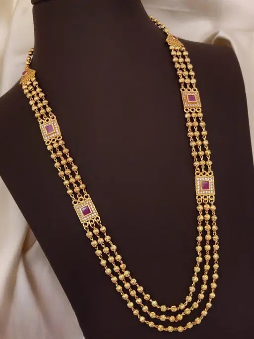Designer High Gold Plated And Diamond Studded Ruby Square Mala