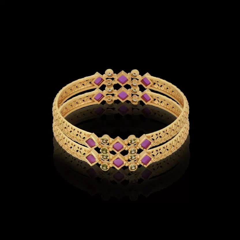 Ruby Stone And Diamond Studded Fancy High Gold Plated Bangle Set (2 Pcs)