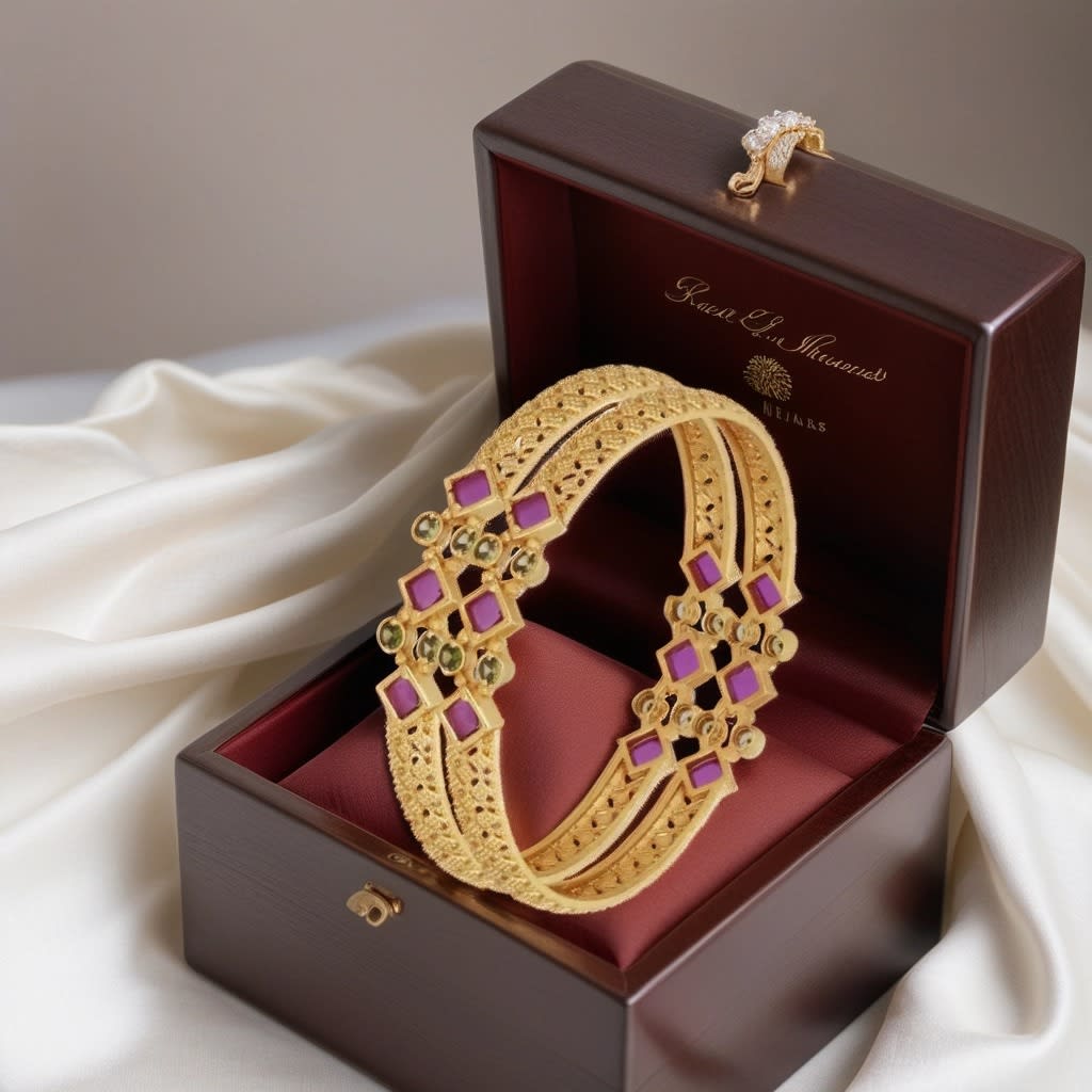 Ruby Stone And Diamond Studded Fancy High Gold Plated Bangle Set (2 Pcs)