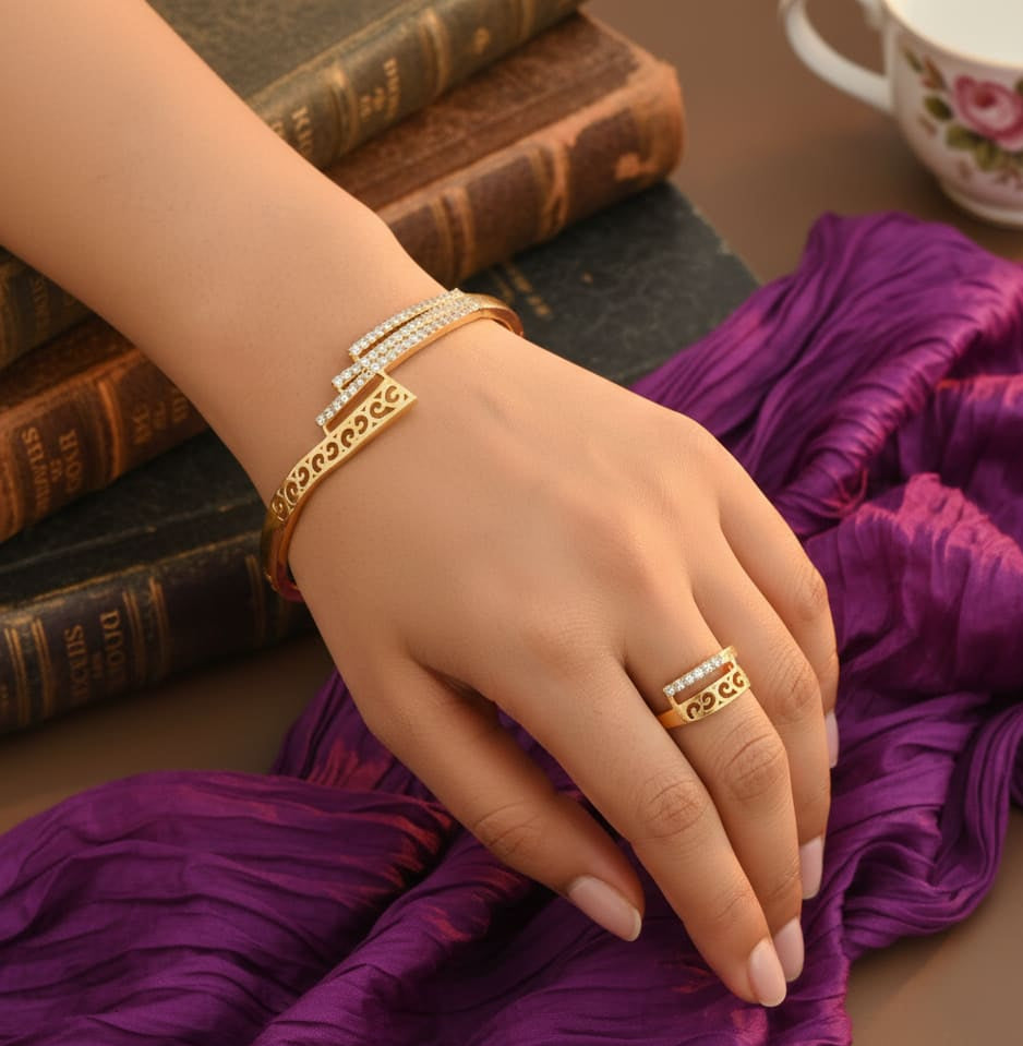 Micro Gold Plated And Diamond Studed Fancy Adjustable Barcelet with Ring