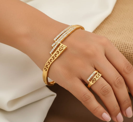 Micro Gold Plated And Diamond Studed Fancy Adjustable Barcelet with Ring