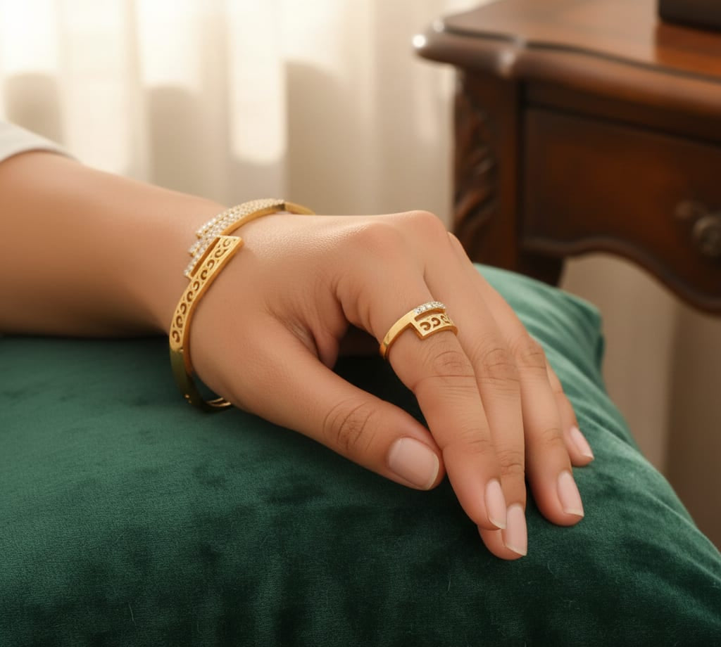 Micro Gold Plated And Diamond Studed Fancy Adjustable Barcelet with Ring
