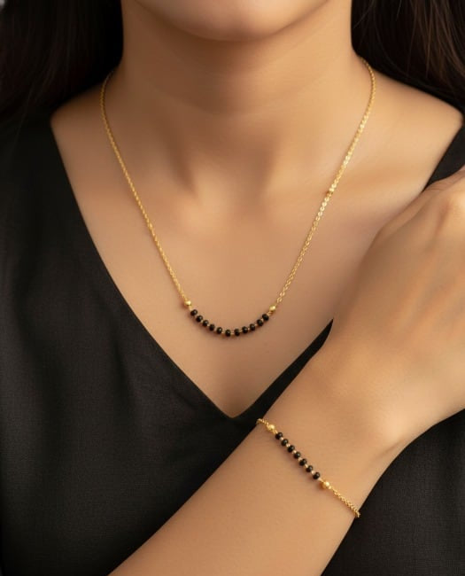 Micro Gold Plated  Daily Wear Black Beads Fancy Mangalsutra with Hand Mangalsutra