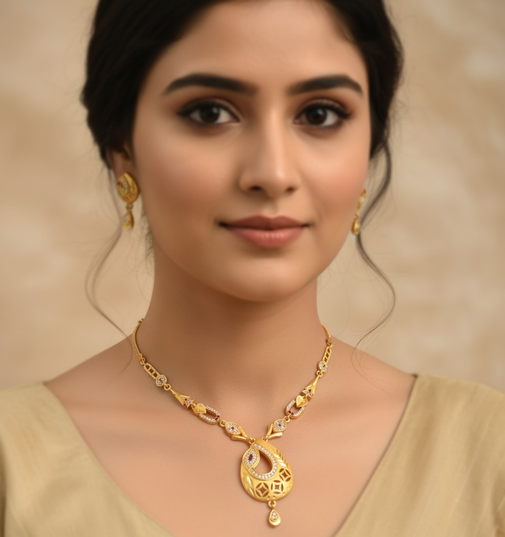 Micro Gold Plated And  Diamond Studded Fancy Oval  Pendant Set with Earring