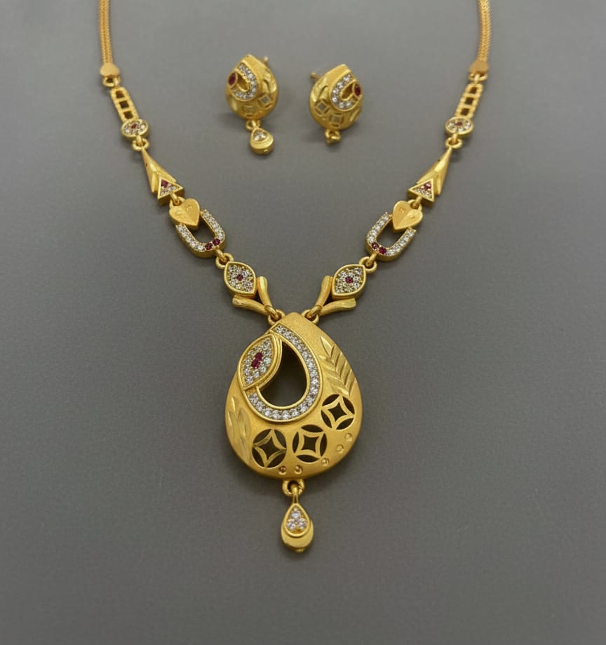 Micro Gold Plated And  Diamond Studded Fancy Oval  Pendant Set with Earring