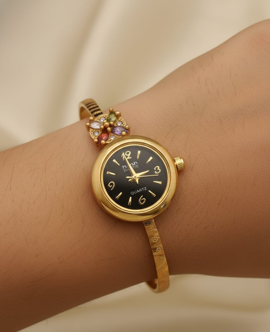Micro Gold Plated And Diamond Studded Adjustable Bracelet Watch