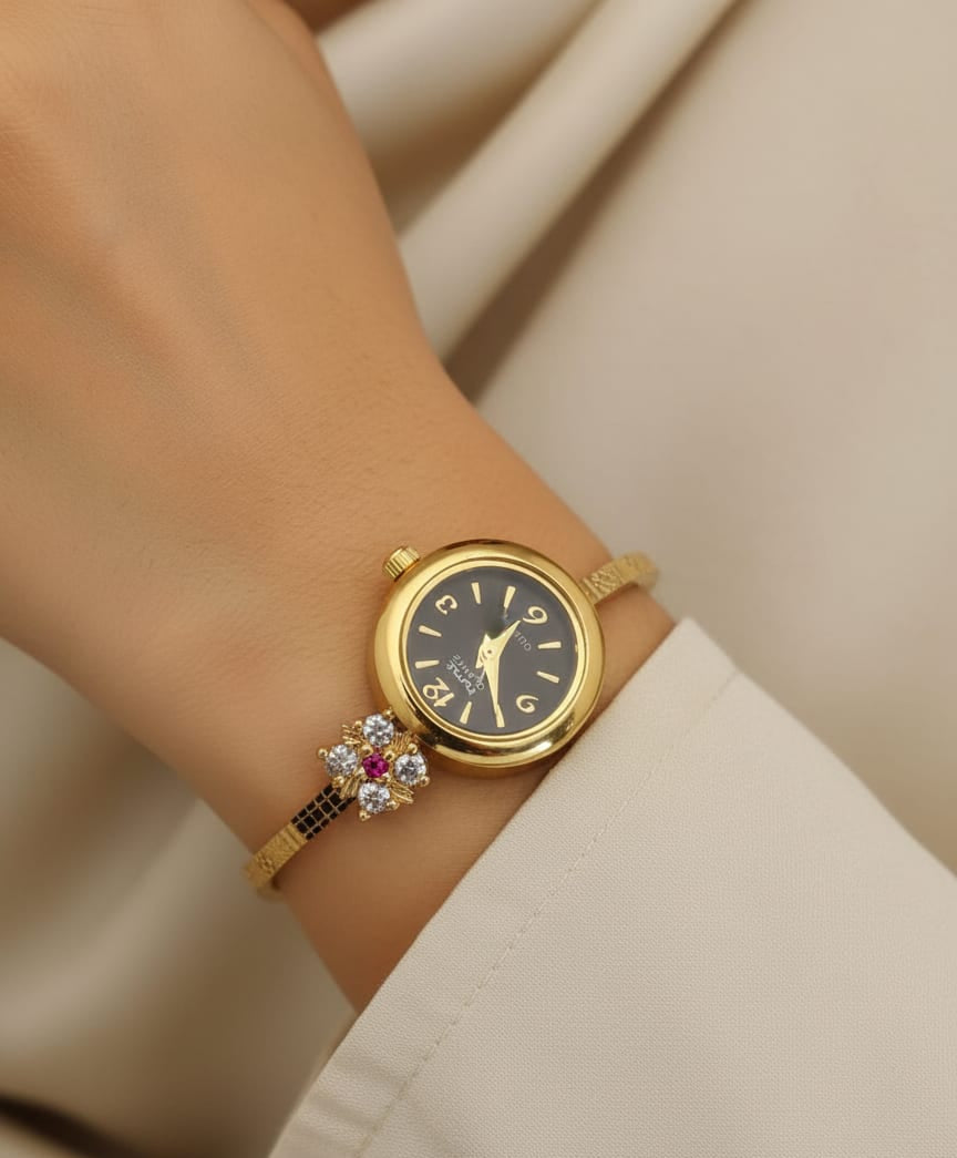 Micro Gold Plated And Diamond Studed Adjustable Fancy Flower Watch