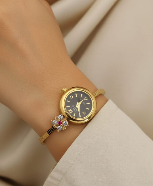 Micro Gold Plated And Diamond Studed Adjustable Fancy Flower Watch