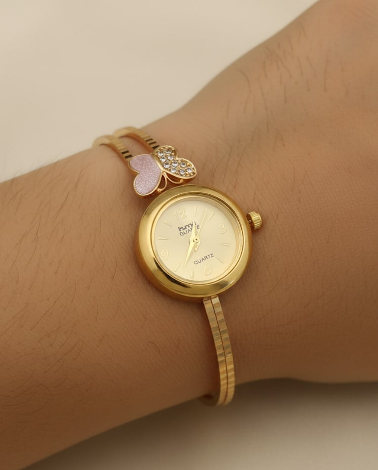 Micro Gold Plated And Diamond Studded Fancy Butterfly Adjustable Bracelet Watch