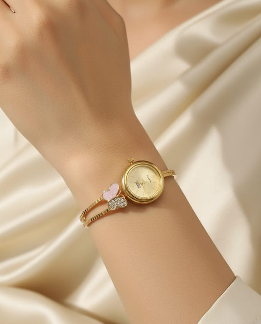 Micro Gold Plated And Diamond Studded Fancy Butterfly Adjustable Bracelet Watch