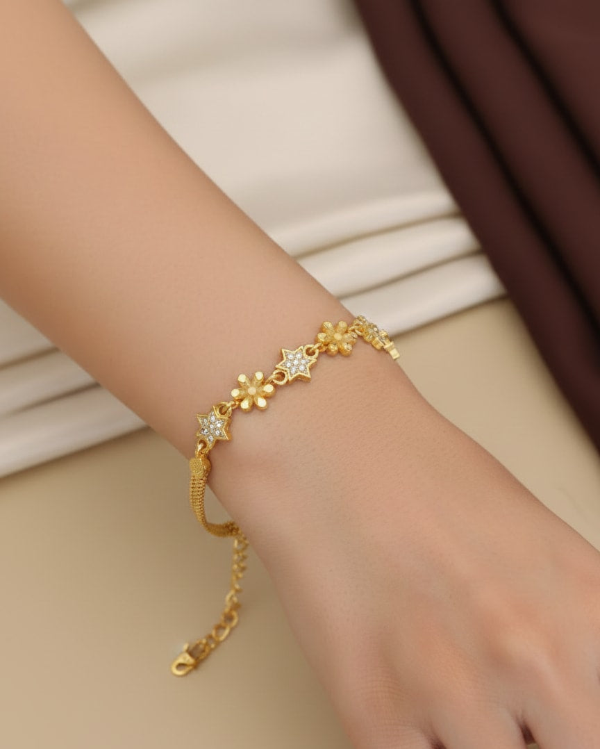 Micro Gold Plated And Diamond Studded Fancy Flower Bracelet