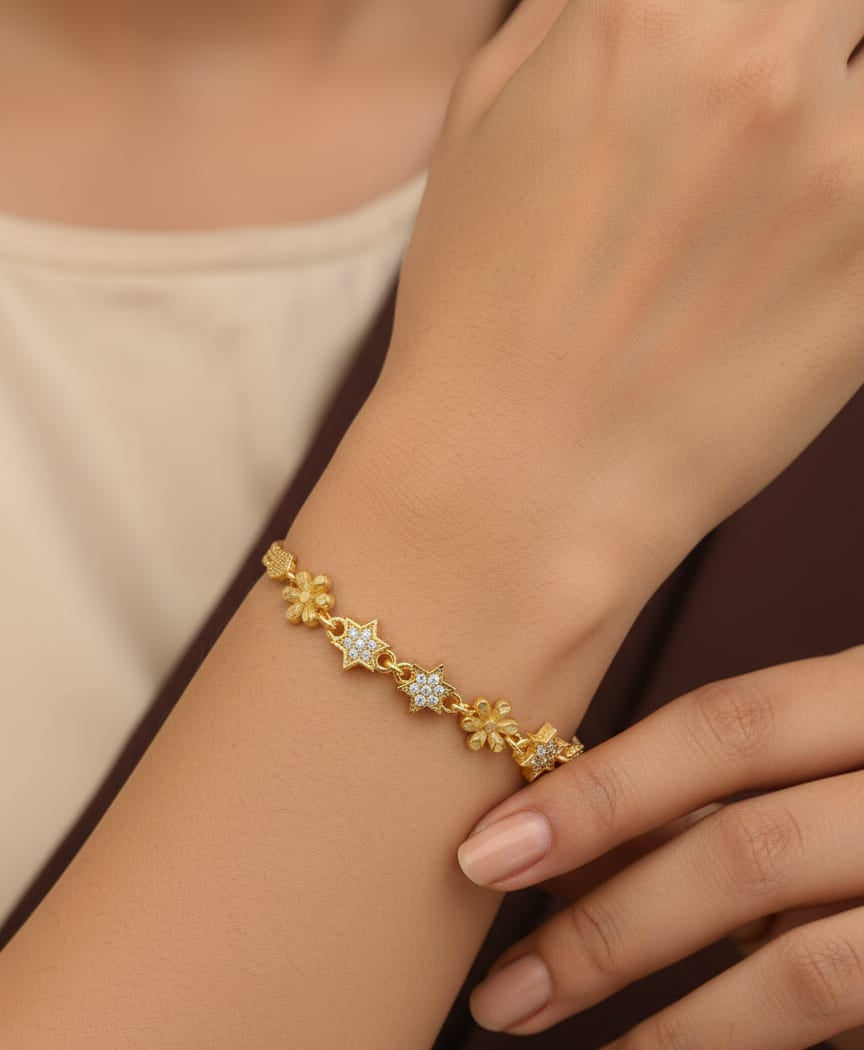 Micro Gold Plated And Diamond Studded Fancy Flower Bracelet