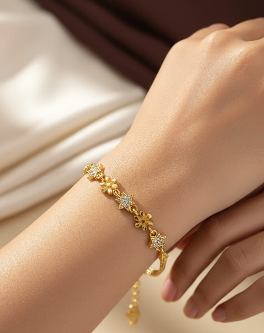 Micro Gold Plated And Diamond Studded Fancy Flower Bracelet