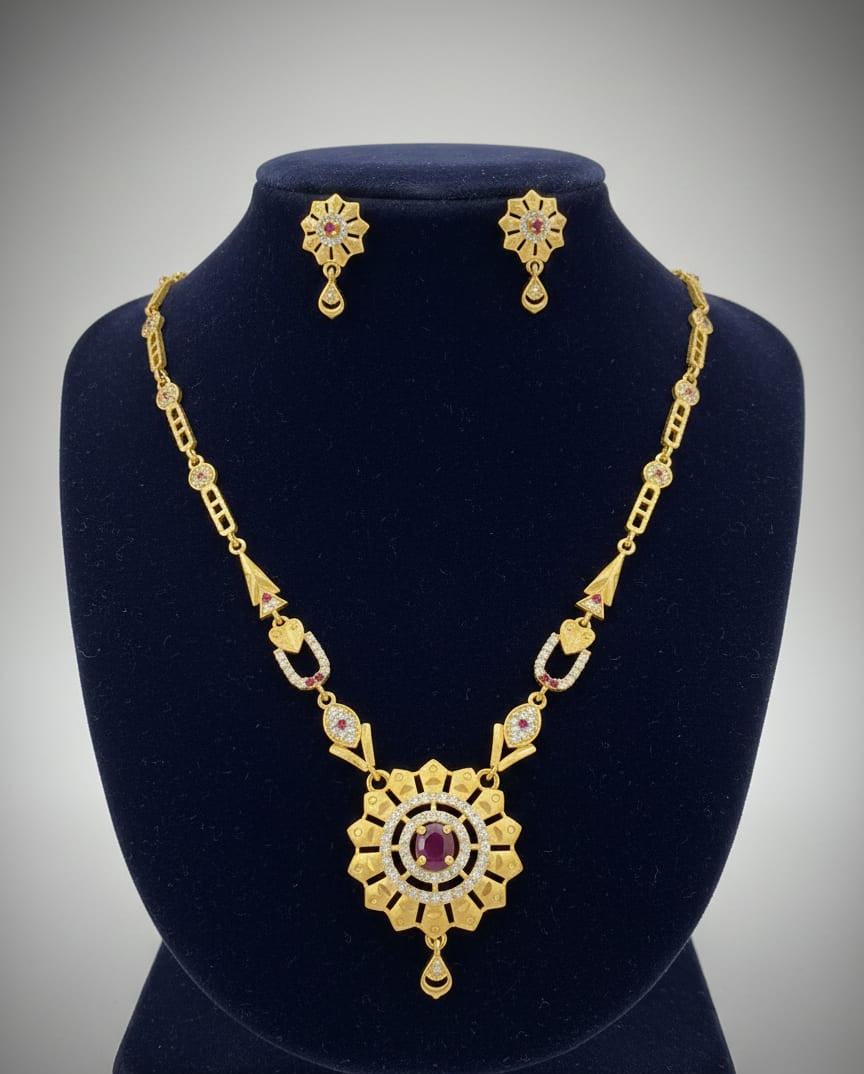 Micro Gold Plated And Diamond Studded Fancy Forming Flower Necklace with Earing