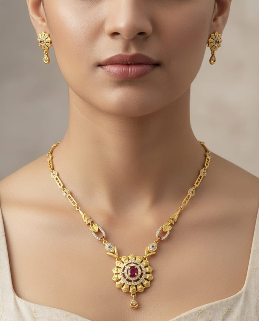 Micro Gold Plated And Diamond Studded Fancy Forming Flower Necklace with Earing