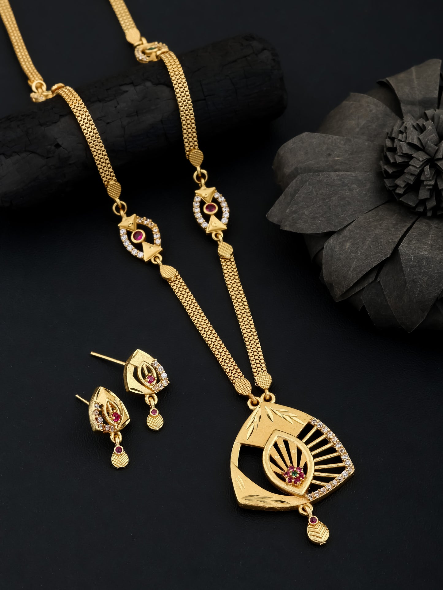 Micro Gold Plated And Diamond Studded Triangle Pendant Set with Chain For Women