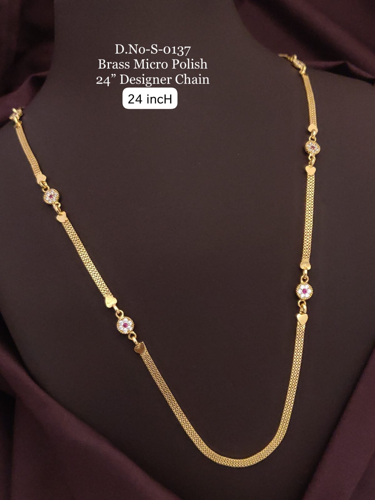 Micro Gold Plated And Diamond Studded Round Flower 24 Inches Chain