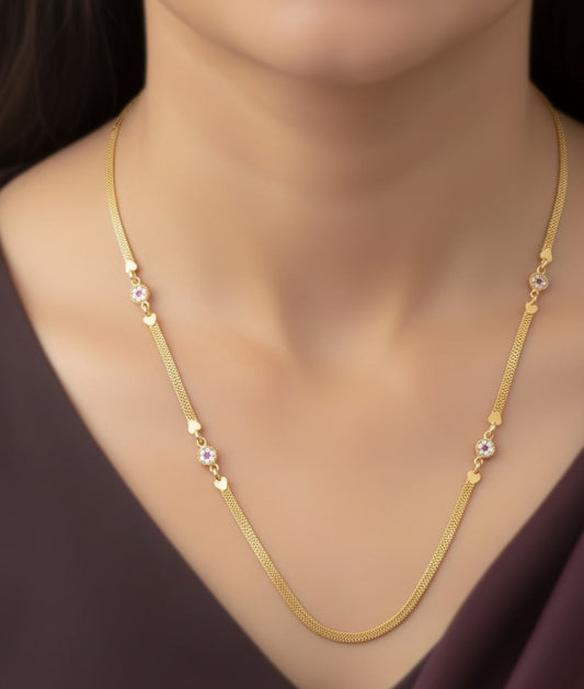 Micro Gold Plated And Diamond Studded Round Flower 24 Inches Chain