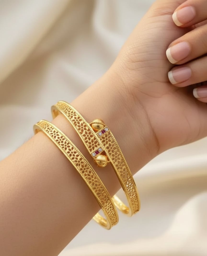 Micro Gold Plated And Diamond Studded Daily Wear Bangle Set Of 2 For Women