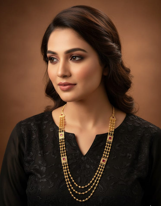 Micro Gold Plated And Diamond & Ruby Stone Studded Fancy 3 Line Square Necklace For Women