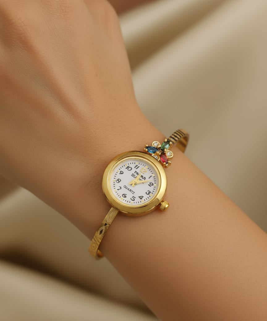 Micro Gold Plated And Diamond Flower Design Adjustable Bracelet Watch