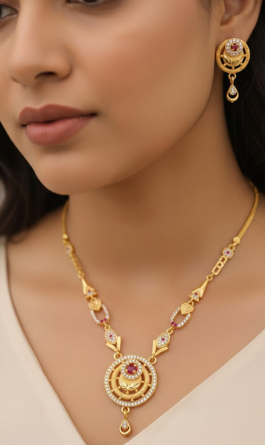 Micro Gold Plated Daily Wear And Diamond Studded Fancy Flower Moon Design Forming Necklace with Earring
