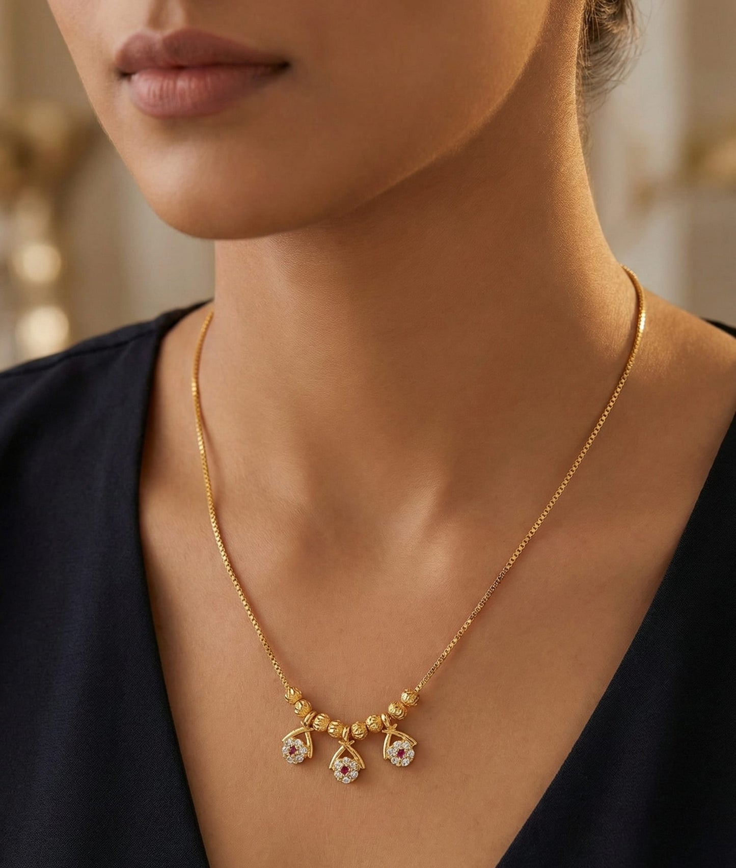 Micro Gold Plated Daily Wear And Diamond Studded Fancy Oval Round Drop 18 Inches Chain