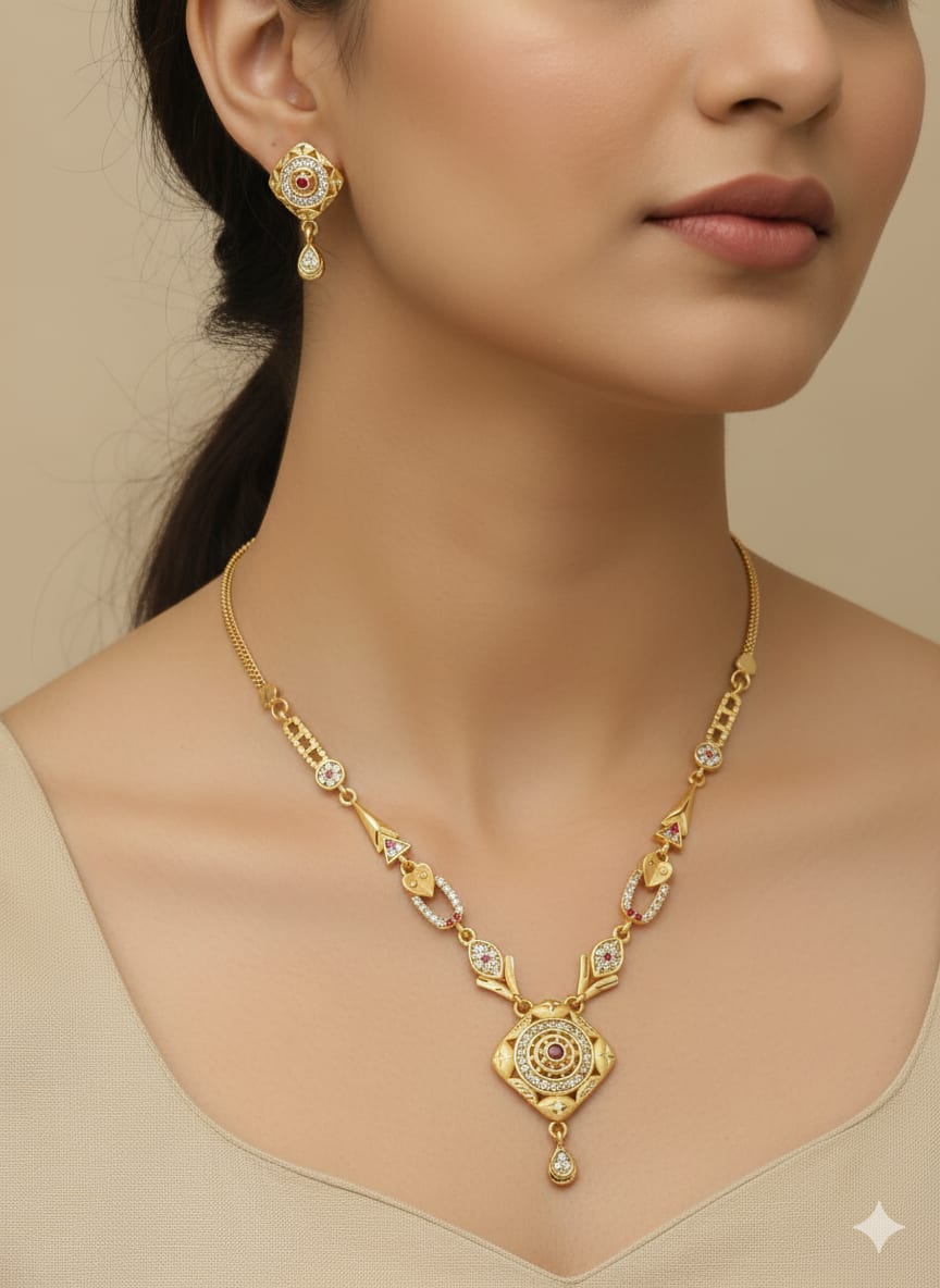Micro Gold Plated And Diamond Studded Forming Square Necklace with Earrings For Women