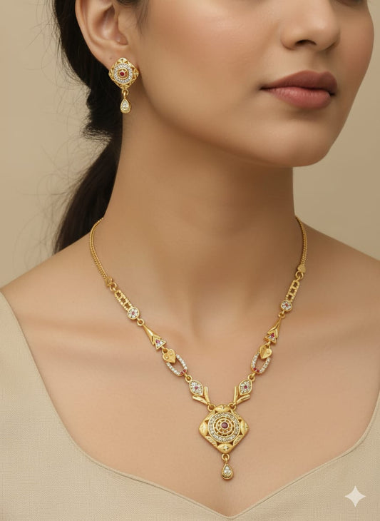 Micro Gold Plated And Diamond Studded Forming Square Necklace with Earrings For Women