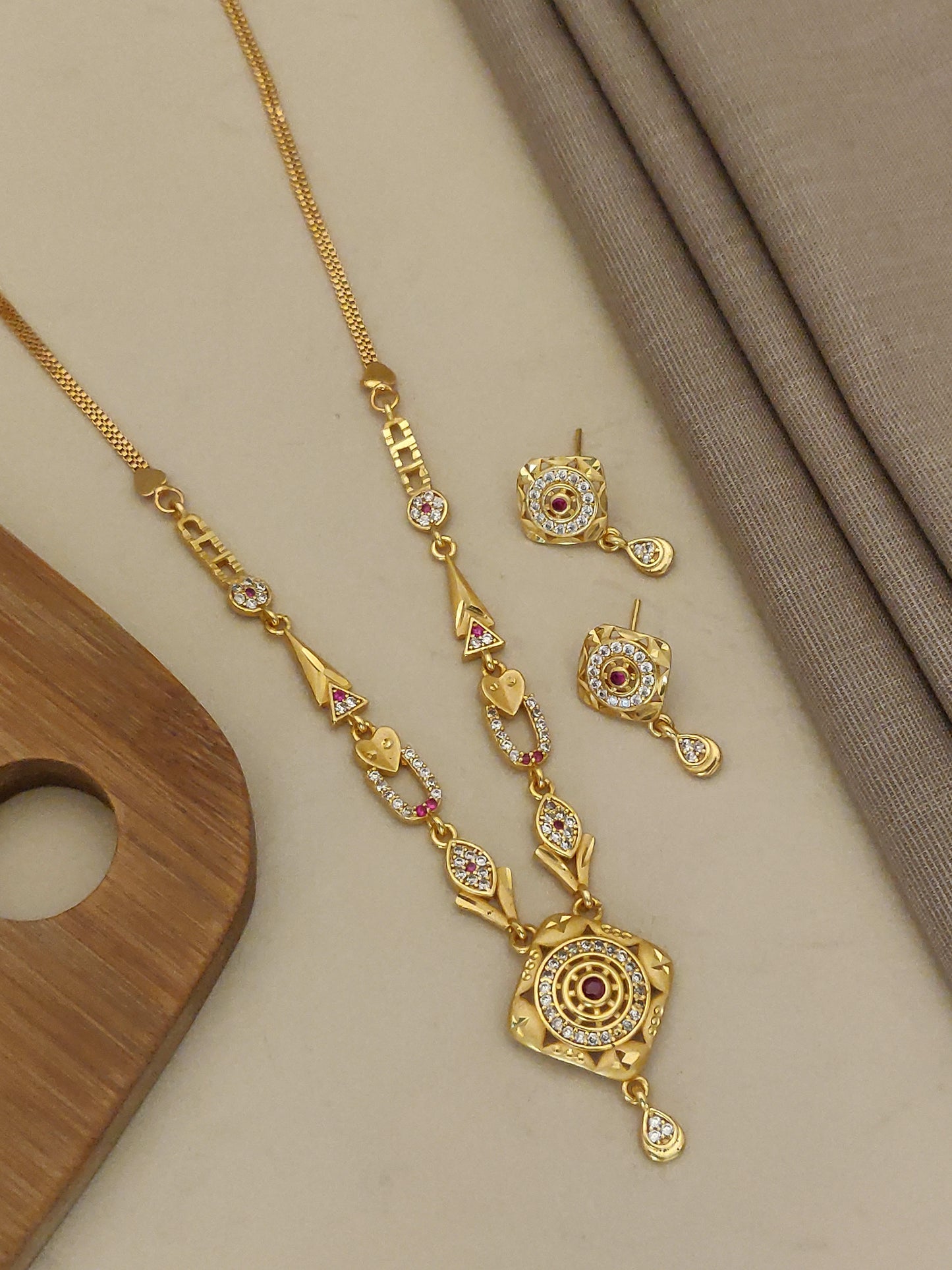 Micro Gold Plated And Diamond Studded Forming Square Necklace with Earrings For Women