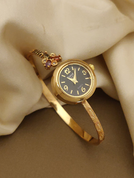 Premium High Gold Plated And Diamond Studded Flower Adjustable Black Watch For Women