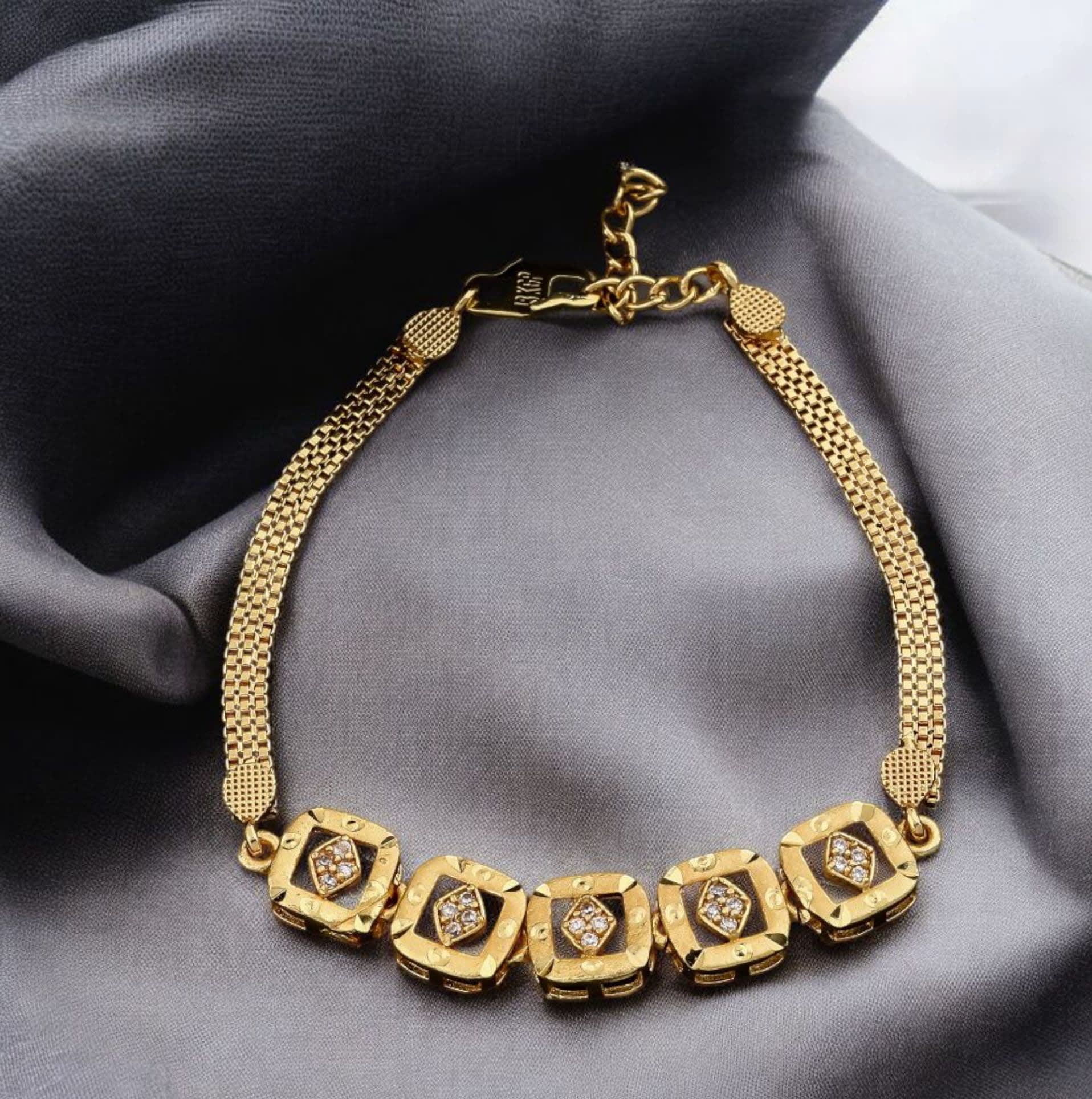 Micro Gold Plated And Diamond Studded Fancy Square Bracelet