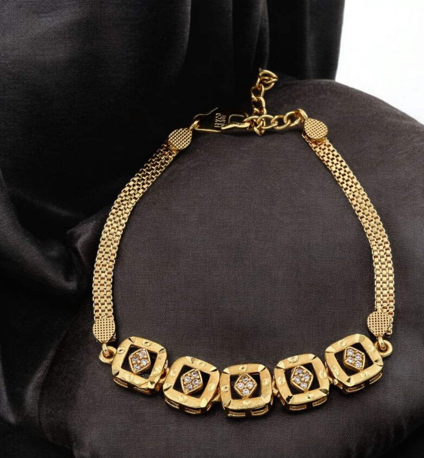 Micro Gold Plated And Diamond Studded Fancy Square Bracelet