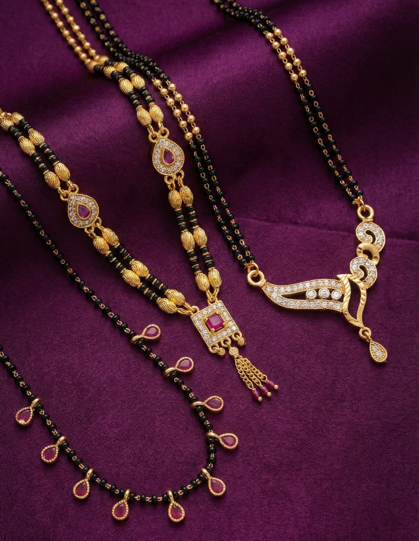 Micro Gold Plated Ruby-Style Mangalsutra Set For Women (Pack Of 3)